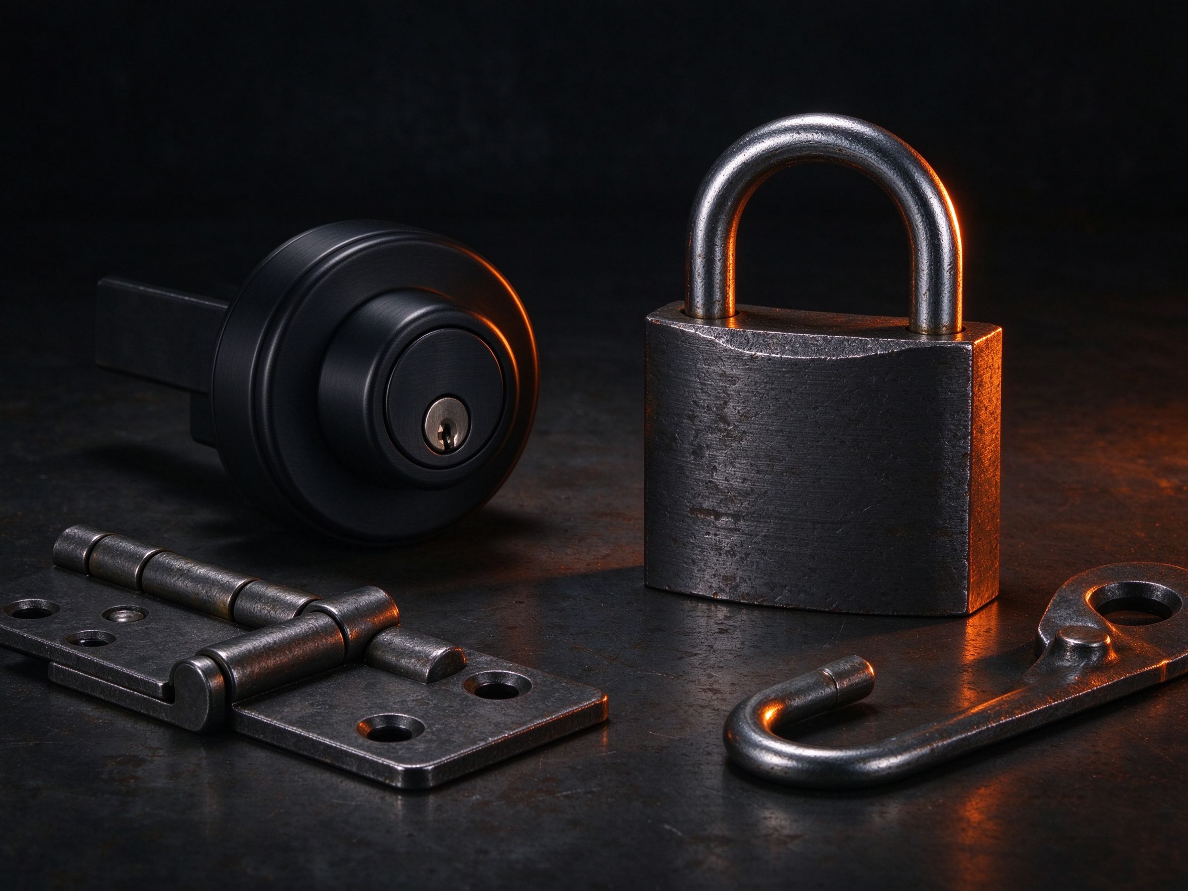 Security hardware category — deadbolts, padlocks, hinges